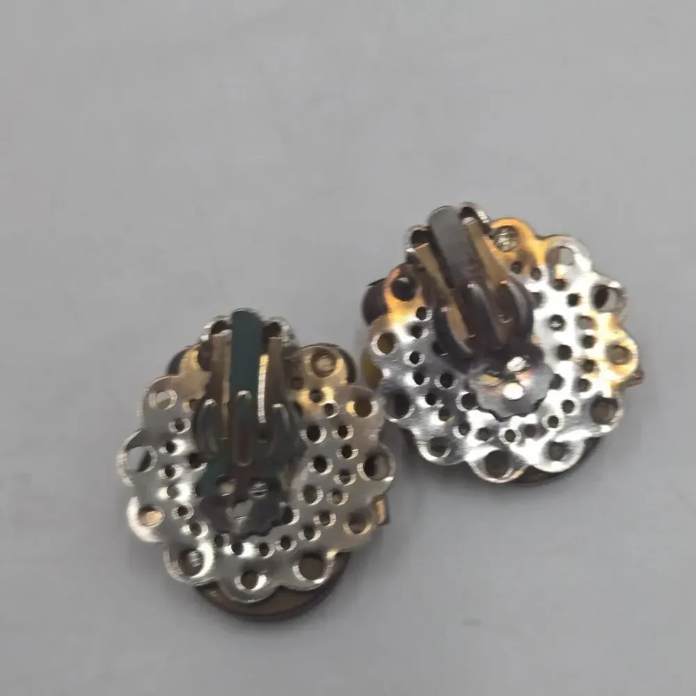 Vtg 50s Brown Lucite Bead Cluster Clip On Earrings Gold Tone Floral Statement
